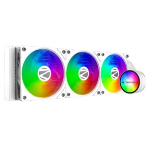 Zebronics AIO360AW - 360mm AIO Liquid Cooler with Support Up To LGA1700 / AM5 sockets/ Anti Leak Design/ ARGB sync/ Braided Tubing/ Fan controller with Remote control (White)
